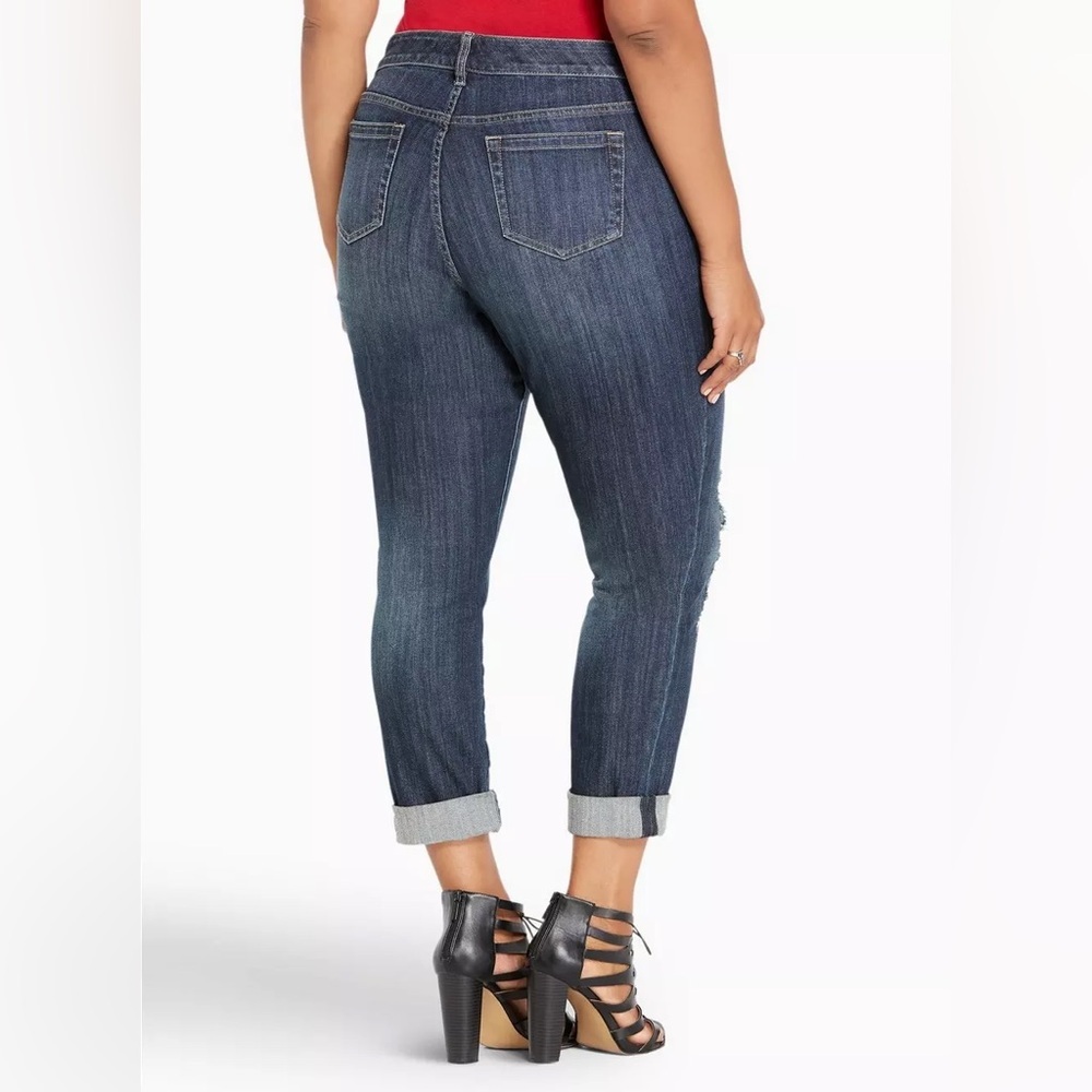 TORRID (20R) Premium Boyfriend Jeans Dark Wash Plaid Destruction Mid-Rise - Picture 3 of 13